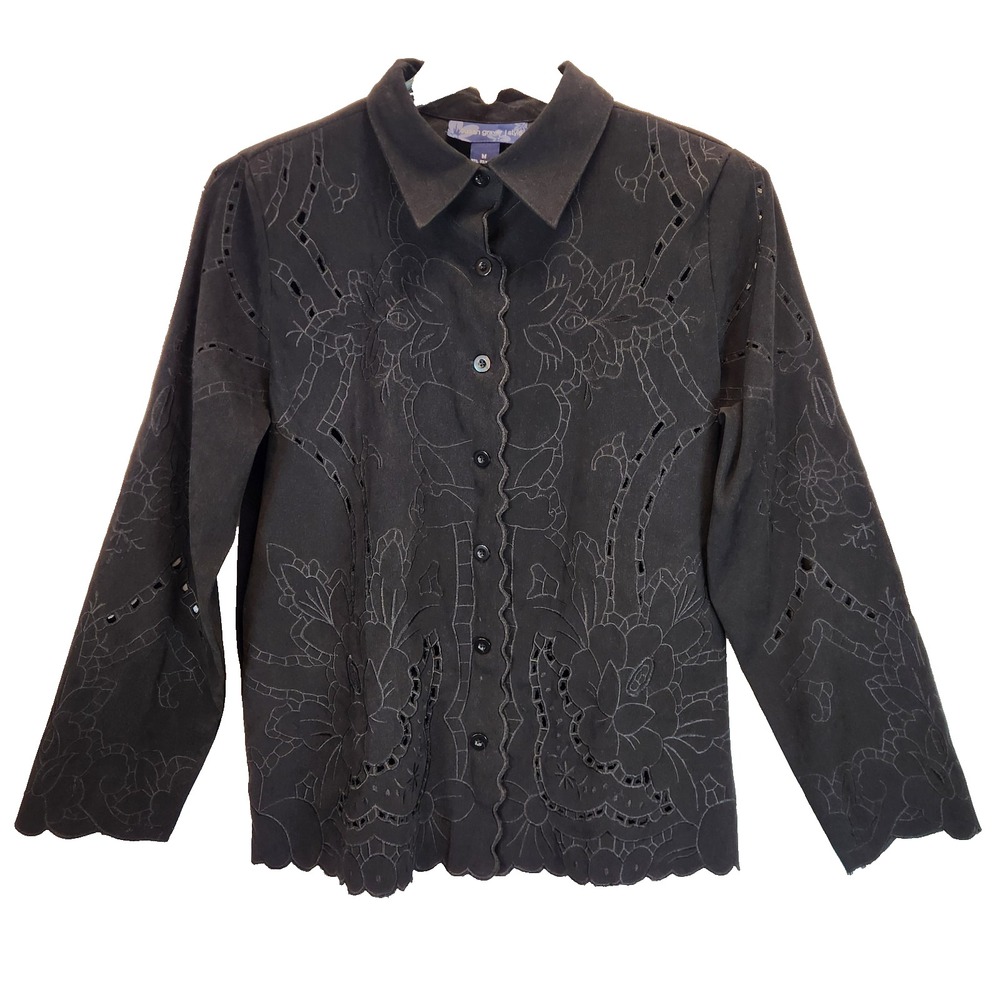Susan Graver Black Embroidered Eyelet Button Front Shirt Jacket Blouse Size M
